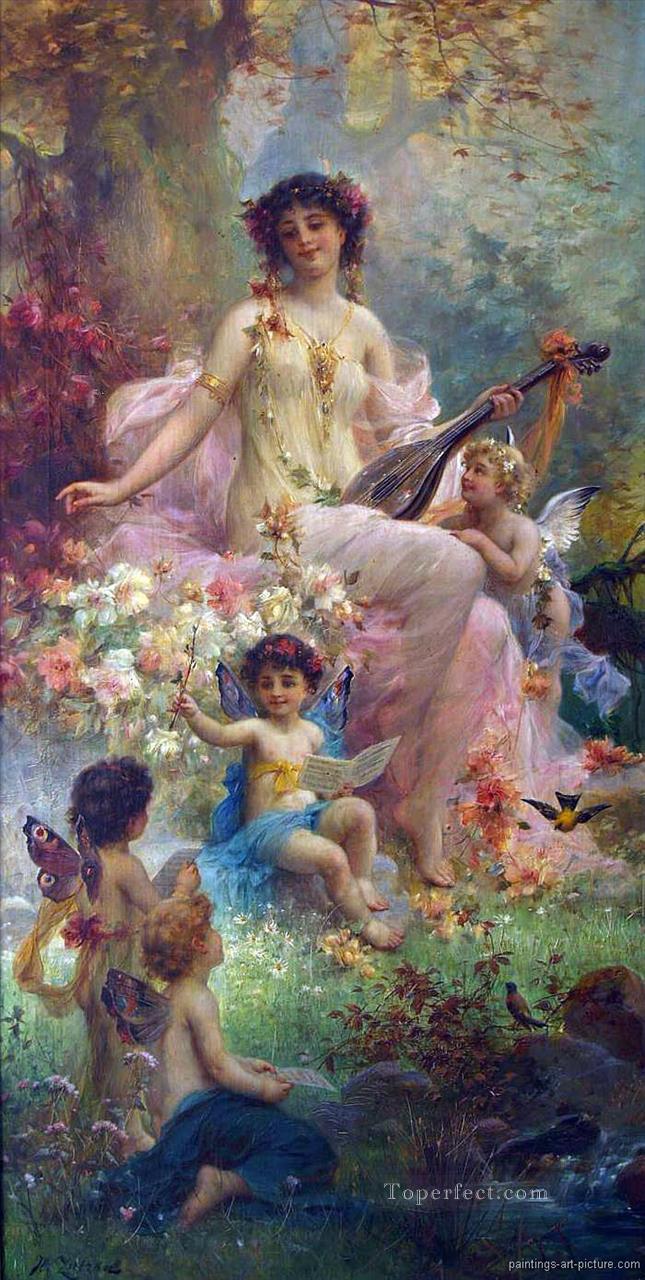 ギターを弾く美しさと花の天使ハンス・ザツカ油絵